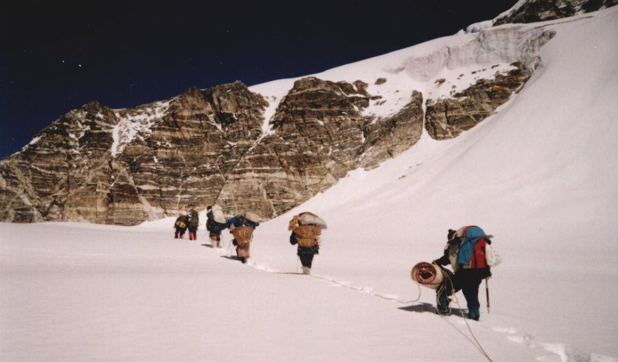 Ascending Upper Balephi Glacier to Tilman's Pass