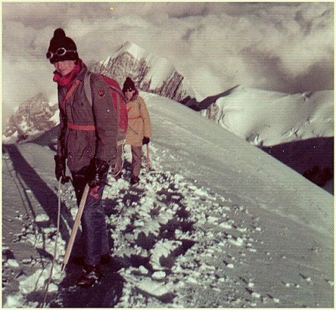 Summit Arete on normal route of ascent of Mont Blanc - highest mountain in France and Western Europe