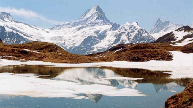 Schreckhorn ( Terror Peak ) from Bachalpsee in the Bernese Oberland Region of the Swiss Alps