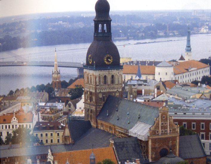 Vansu Bridge over River Daugava and Dom Cathedral from St. Peter's Church