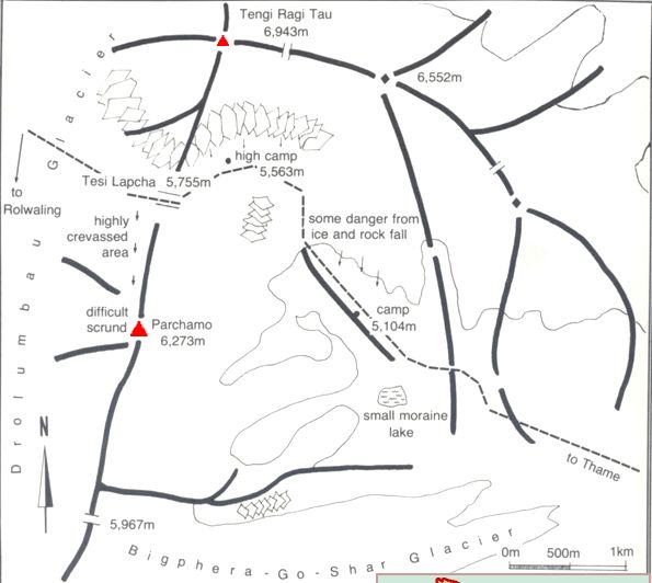 Location Map and Ascent Route for Parchamo from Trashi Labtse