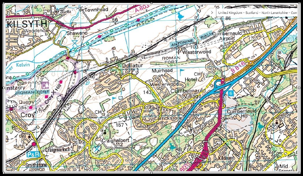 Map of Antonine Wall from Croy Hill to Tollpark at Cumbernauld