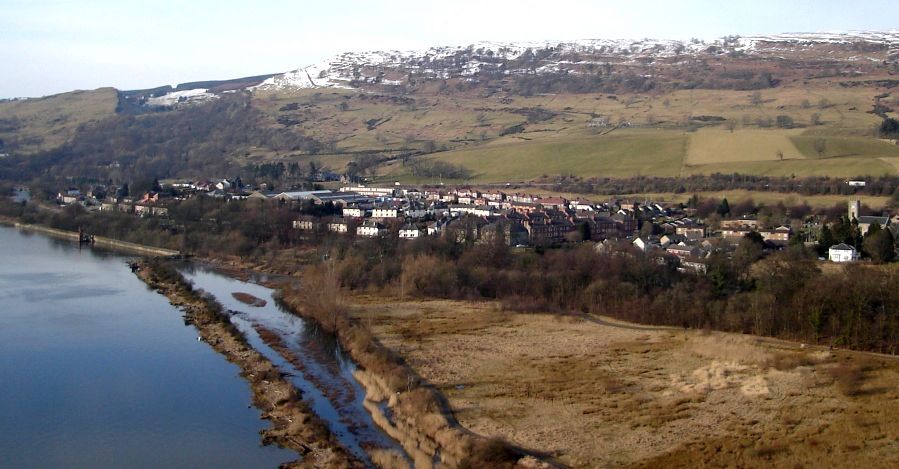 River Clyde, Saltings Wildlife Reserve, Old Kilpatrick and Kilpatrick Hills from the Erskine Bridge