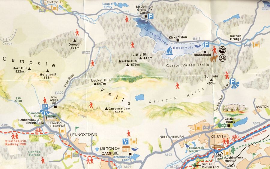 Map for Carron Valley Reservoir and Tomtain in the Kilsyth Hills